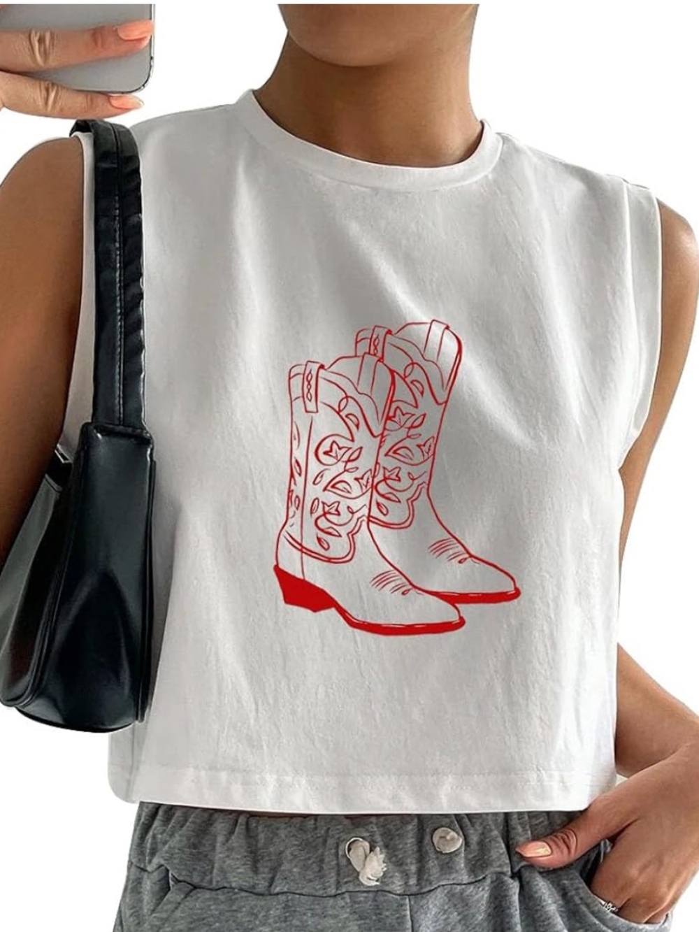 Cropped Tank Top with Red Cowboy Boot Graphic